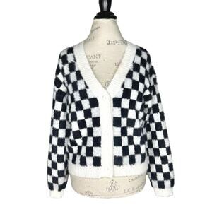 Industry | Women | Black White Checkered Fluffy Knit Button Up Cardigan | Medium